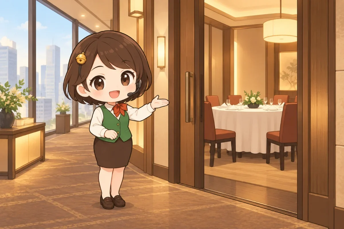 ビルの上の階のレストランで、ベルが個室の扉の方を案内しているイラスト