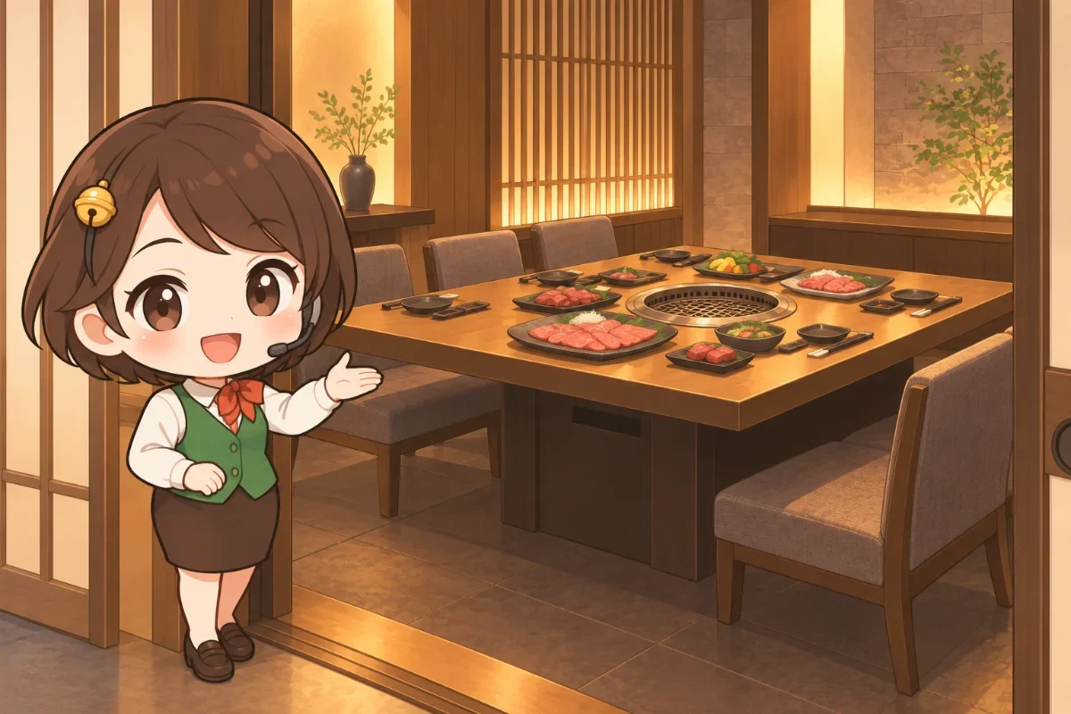 焼肉店の個室の入り口で、ベルが焼き網のあるテーブルを案内しているイラスト