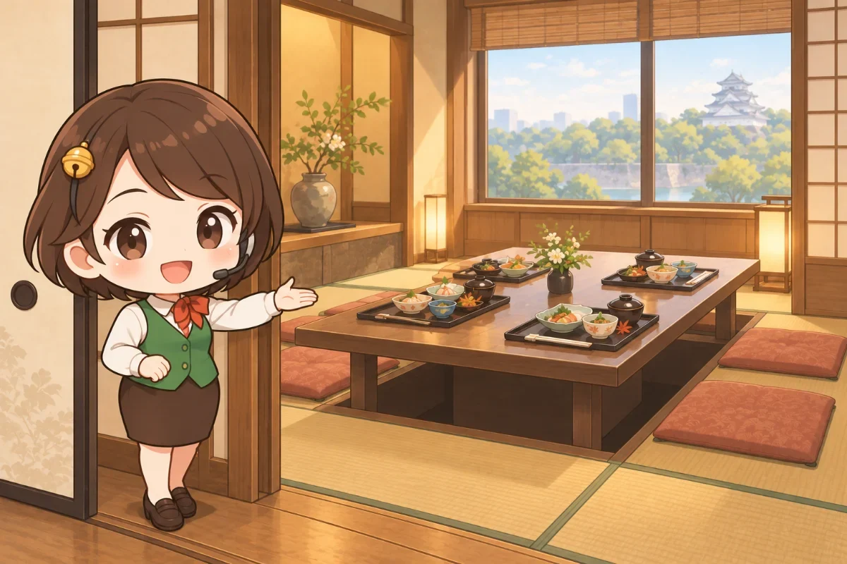 日本料理店の和室の個室で、ベルが会席料理の並ぶ座卓を案内しているイラスト