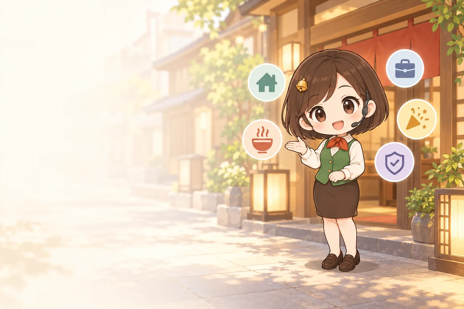 暮らしの場面のアイコンに囲まれて、街並みの前で案内する案内役のベルのイラスト